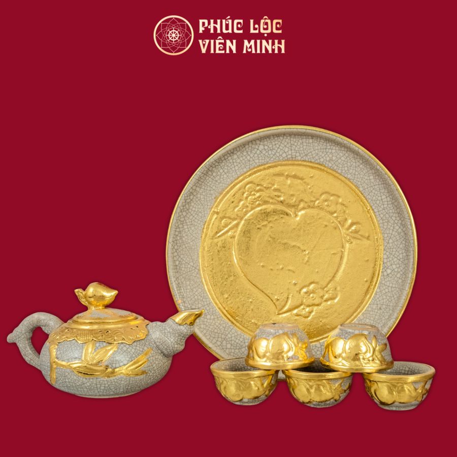 Bộ Trà Thờ Đào Đắp Nổi Men Rạn Dát Vàng Gốm Sứ Bát Tràng - Phúc Lộc Viên Minh
