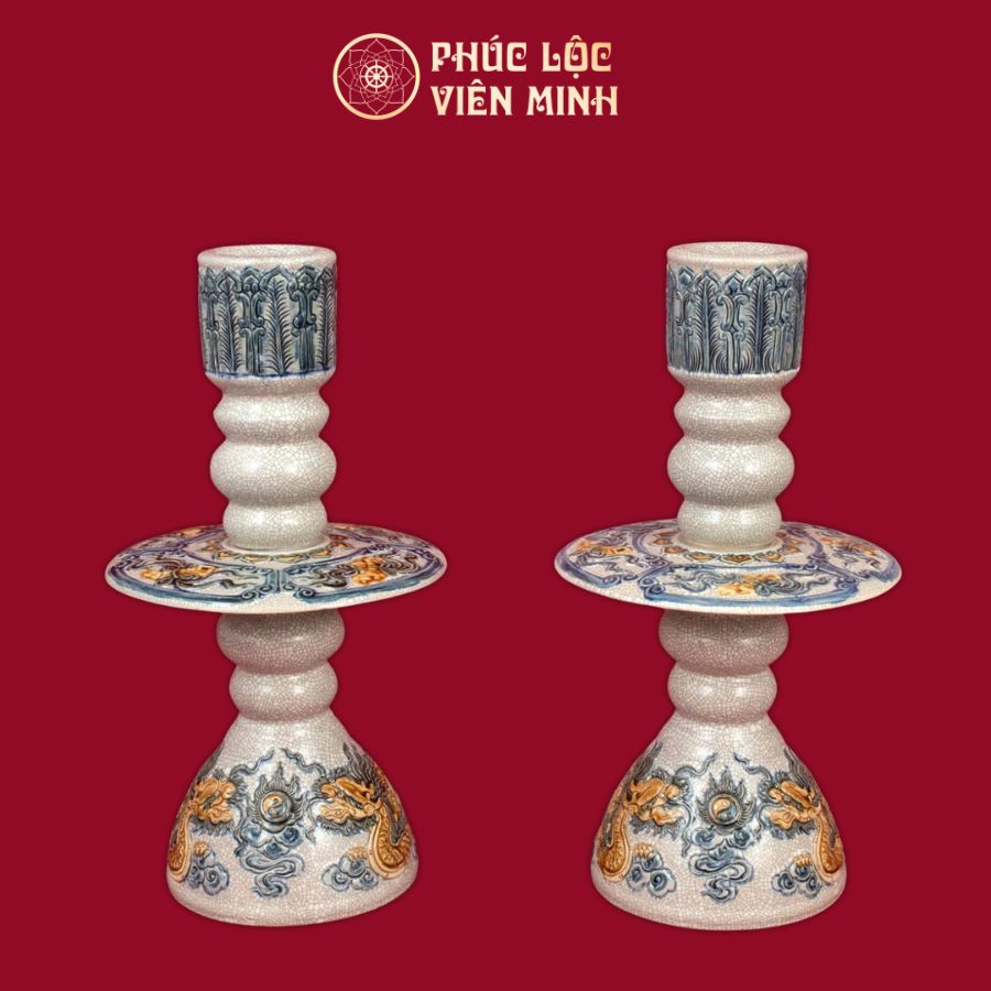 Cây Nến Song Long Chầu Nguyệt Men Rạn Đắp Nổi Gốm Sứ Bát Tràng - Phúc Lộc Viên Minh