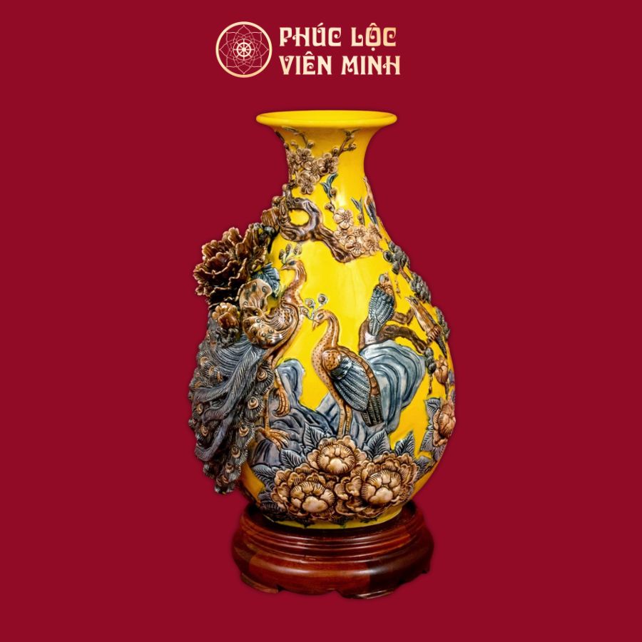 Tỳ Bà Phú Quý Trường Xuân 45cm Men Vàng Gốm Sứ Bát Tràng - Phúc Lộc Viên Minh