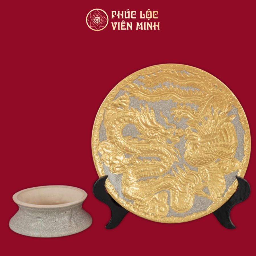 Mâm Bồng Long Phụng Chầu Ngọc Men Rạn Dát Vàng Gốm Sứ Bát Tràng - Phúc Lộc Viên Minh