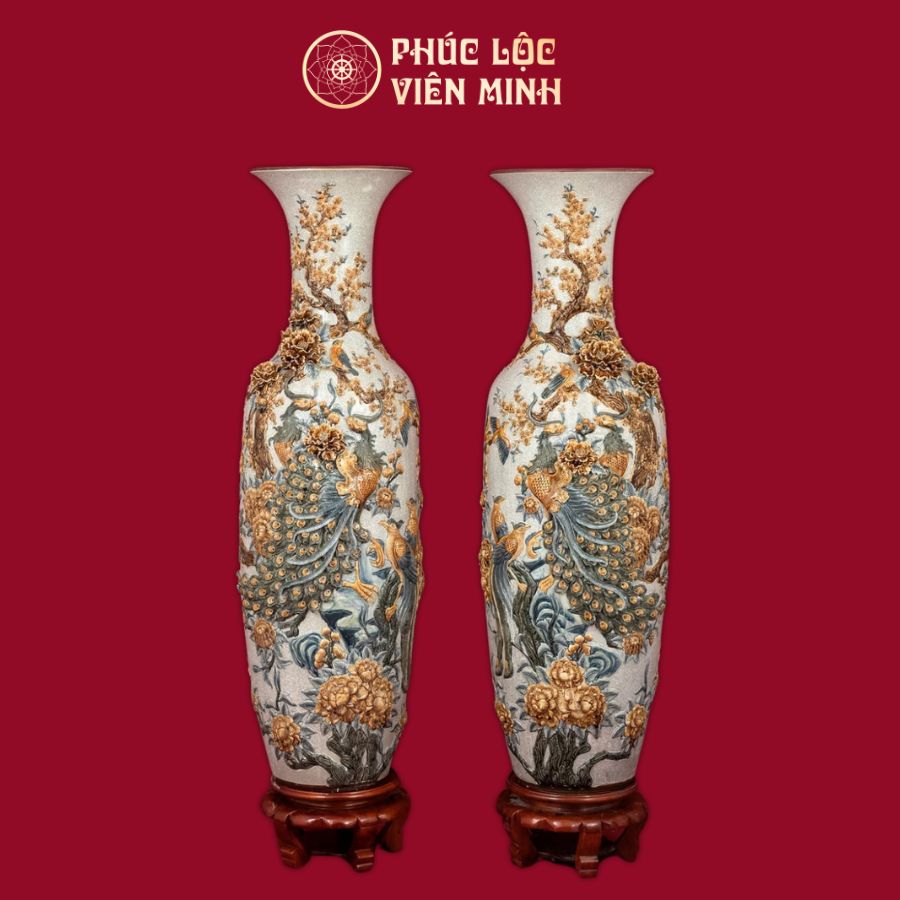 Lộc Bình Phú Quý Trường Xuân Đắp Nổi Men Rạn Cao Cấp Gốm Sứ Bát Tràng - Phúc Lộc Viên Minh