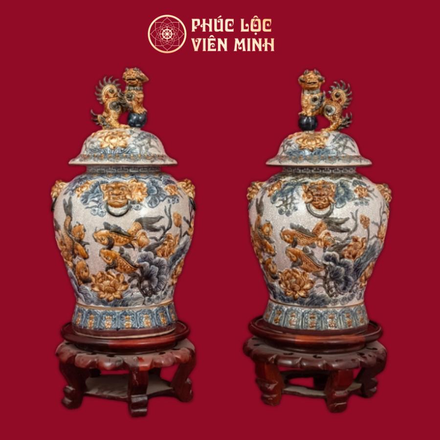 Chóe Niên Niên Hữu Dư 20L Men Rạn Đắp Nổi Gốm Sứ Bát Tràng - Phúc Lộc Viên Minh