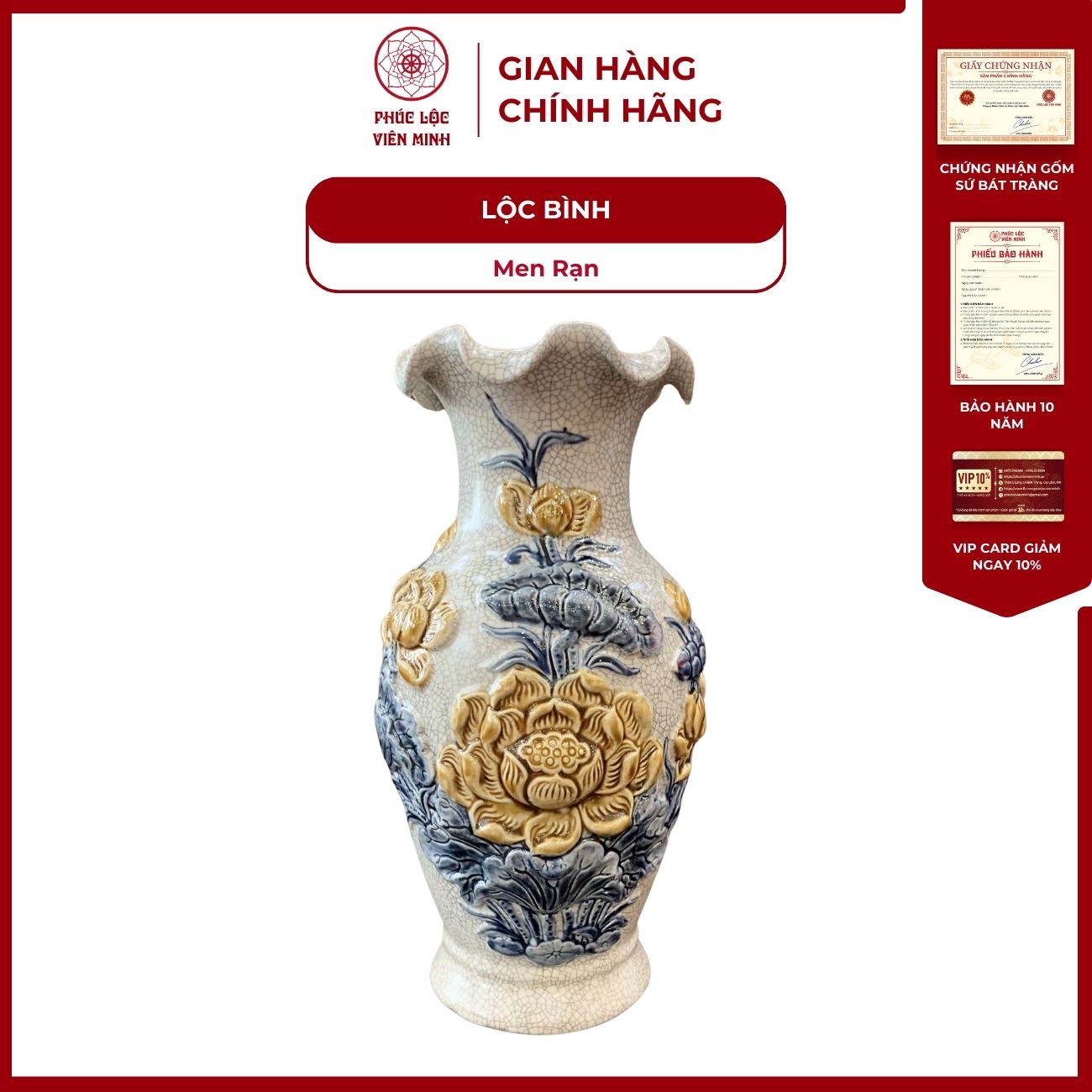 Đôi Lộc Bình Miệng Lượn Họa Tiết Sen Men Rạn Gốm Sứ Bát Tràng - Phúc Lộc Viên Minh