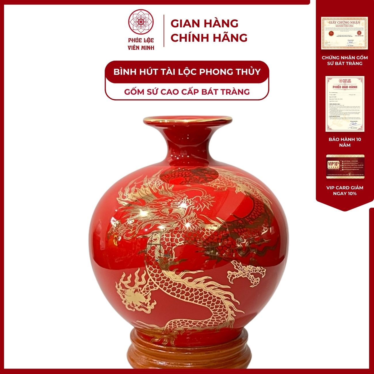 Bình Hút Lộc Phúc Long Tấn Lộc Dán Decal Vàng Kim Gốm Sứ Bát Tràng - Phúc Lộc Viên Minh