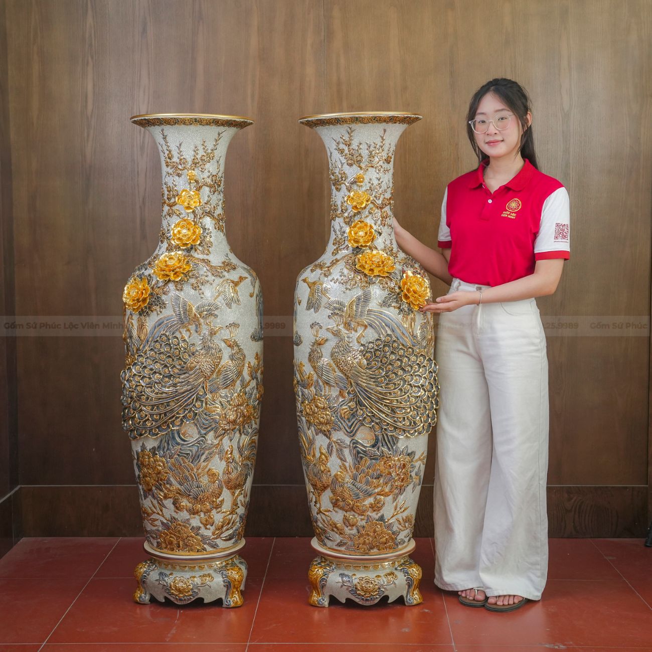 Đôi Lộc Bình Men Rạn Công Đào Vẽ Vàng 24K Gốm Sứ Bát Tràng - Phúc Lộc Viên Minh - PL1513