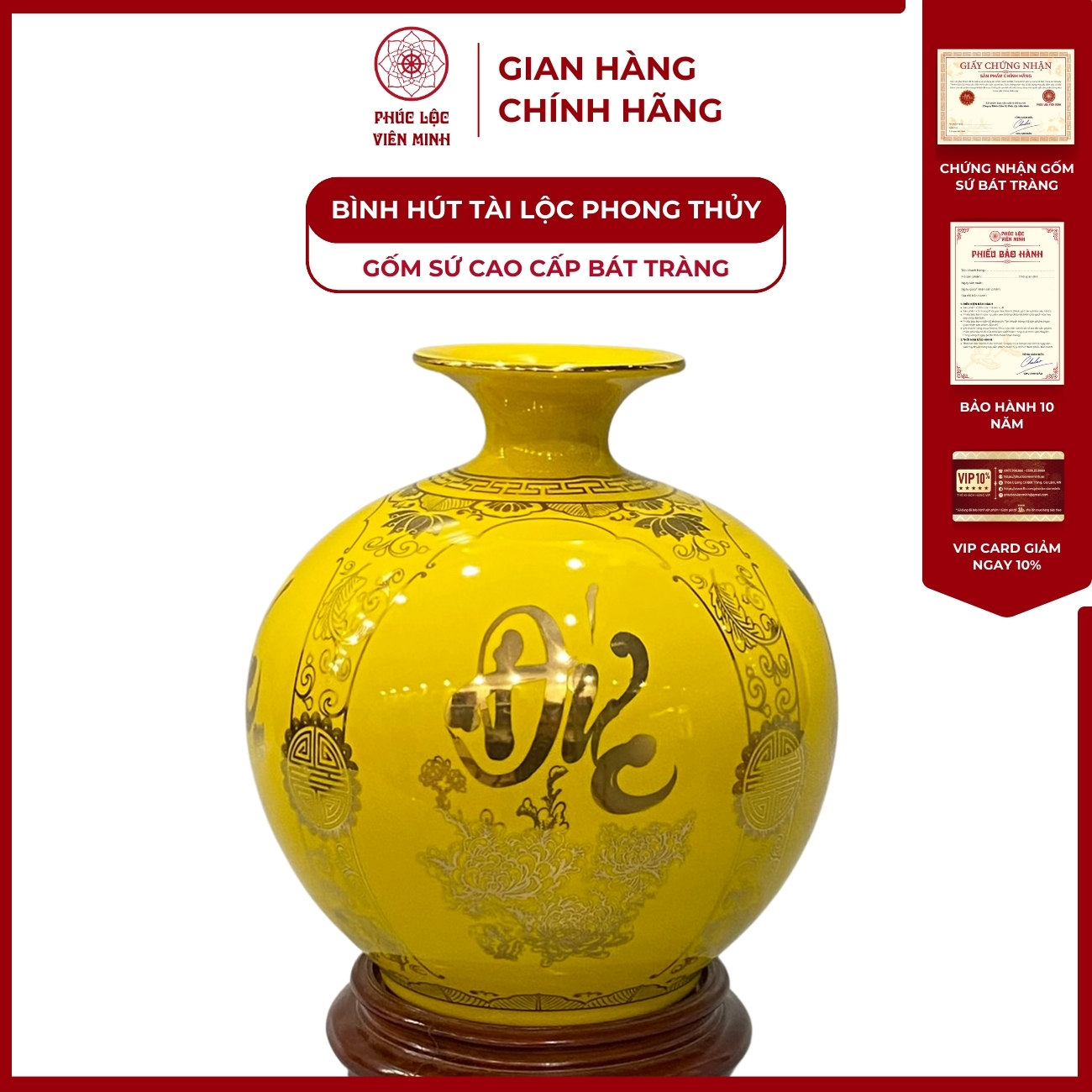 Bình Hút Lộc Tứ Cảnh Phúc Đức Tài Lộc Decal Vàng Kim Gốm Sứ Bát Tràng - Phúc Lộc Viên Minh