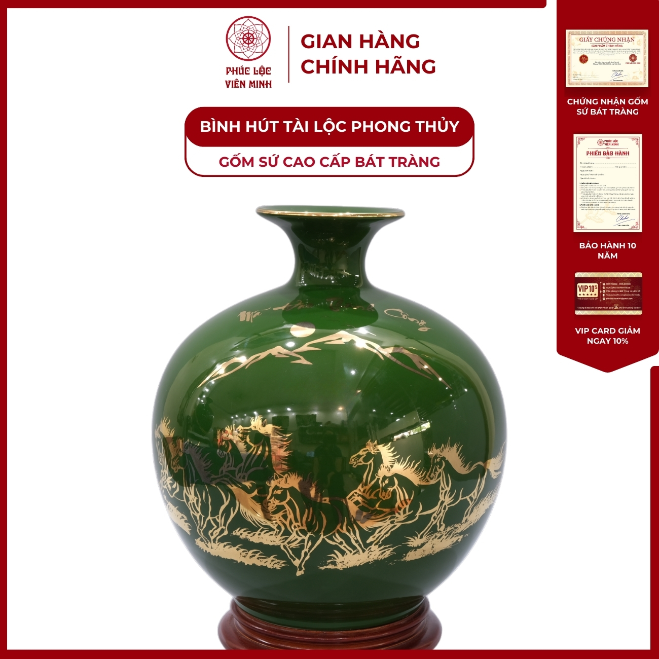 Bình Hút Lộc Mã Đáo Thành Công Dán Decal Vàng Kim Gốm Sứ Bát Tràng - Phúc Lộc Viên Minh