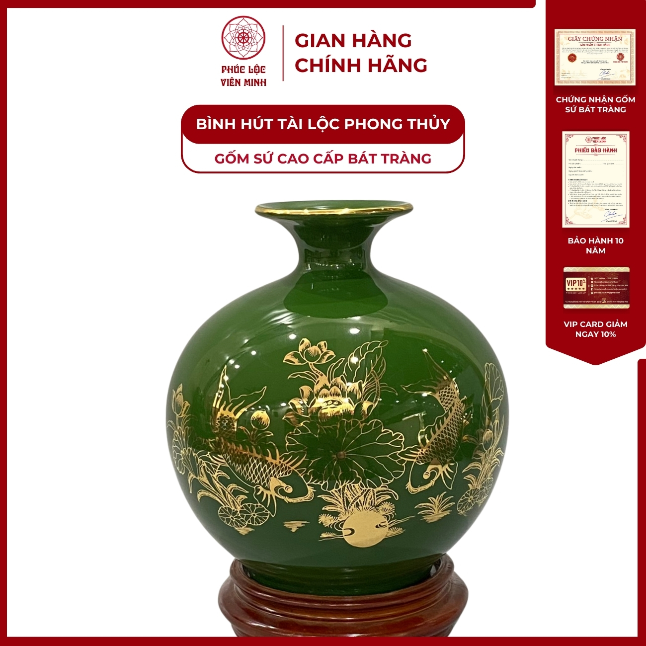 Bình Hút Lộc Niên Niên Hữu Dư Dán Decal Vàng Kim Gốm Sứ Bát Tràng - Phúc Lộc Viên Minh