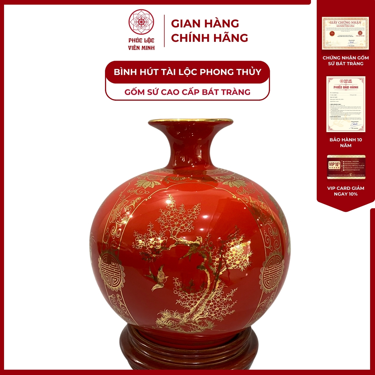 Bình Hút Lộc Tứ Cảnh Decal Vàng Kim Gốm Sứ Bát Tràng - Phúc Lộc Viên Minh