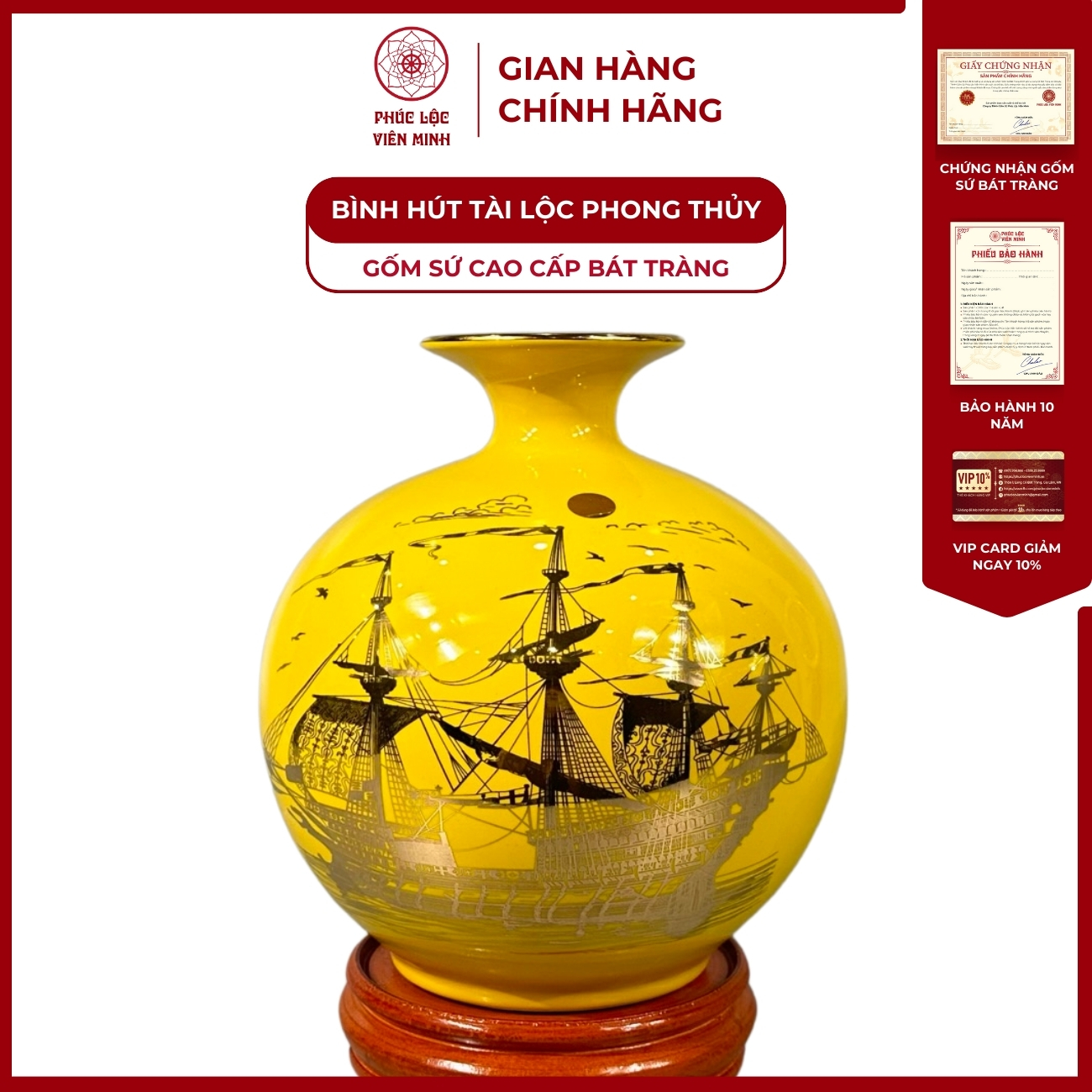 Bình Hút Lộc Thuận Buồm Xuôi Gió Dán Decal Vàng Kim Gốm Sứ Bát Tràng - Phúc Lộc Viên Minh