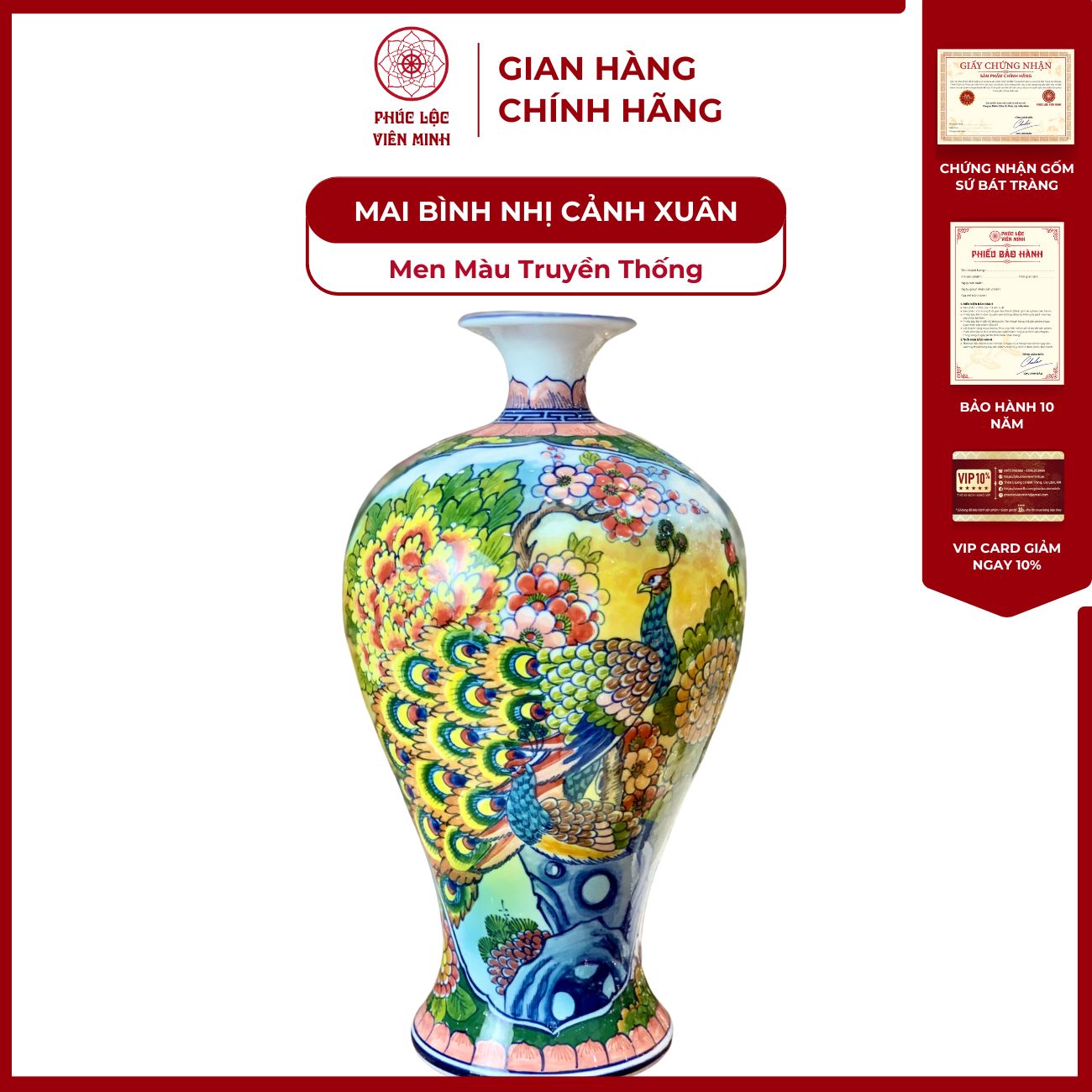 Mai Bình Bát Tràng Men Màu Vẽ Thủ Công - Phúc Lộc Viên Minh - PLMB0009