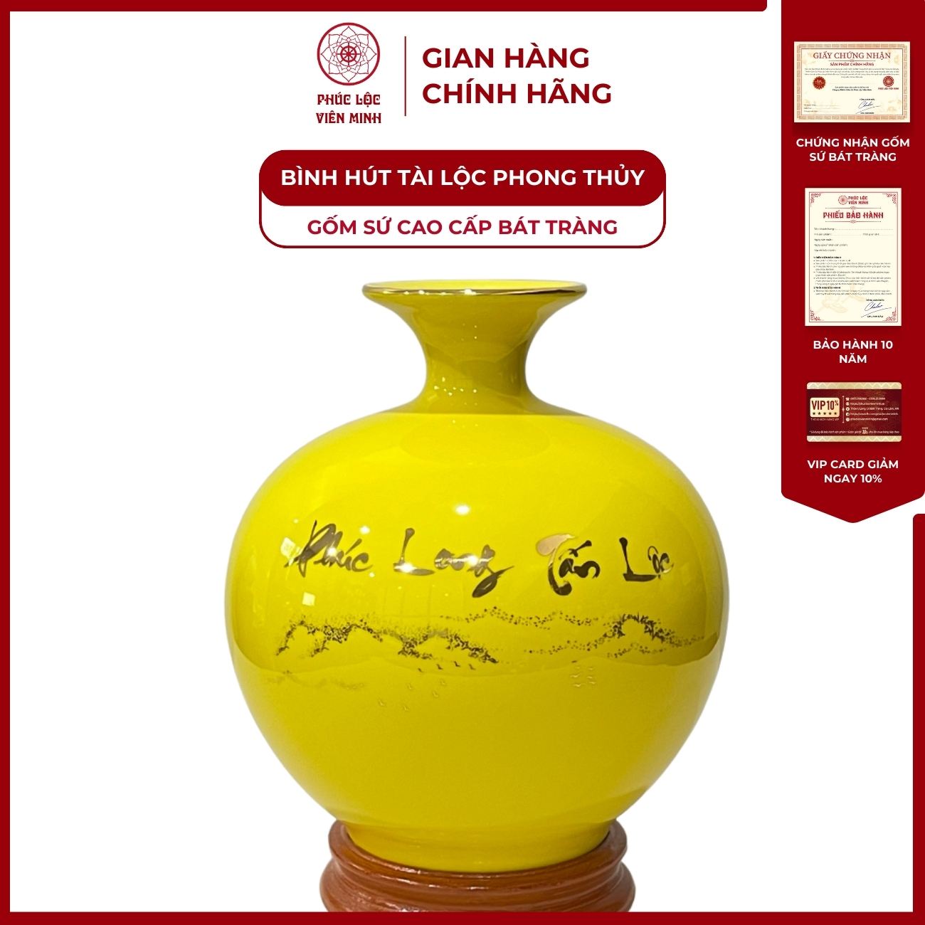 Bình Hút Lộc Phúc Long Tấn Lộc Dán Decal Vàng Kim Gốm Sứ Bát Tràng - Phúc Lộc Viên Minh