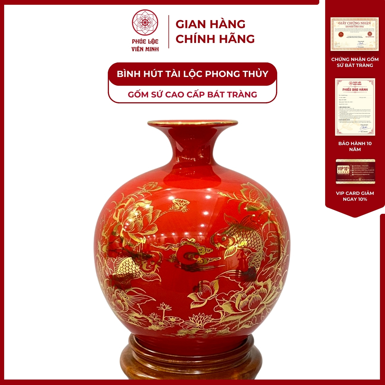 Bình Hút Lộc Song Ngư Vọng Nguyệt Dán Decal Vàng Kim Gốm Sứ Bát Tràng - Phúc Lộc Viên Minh
