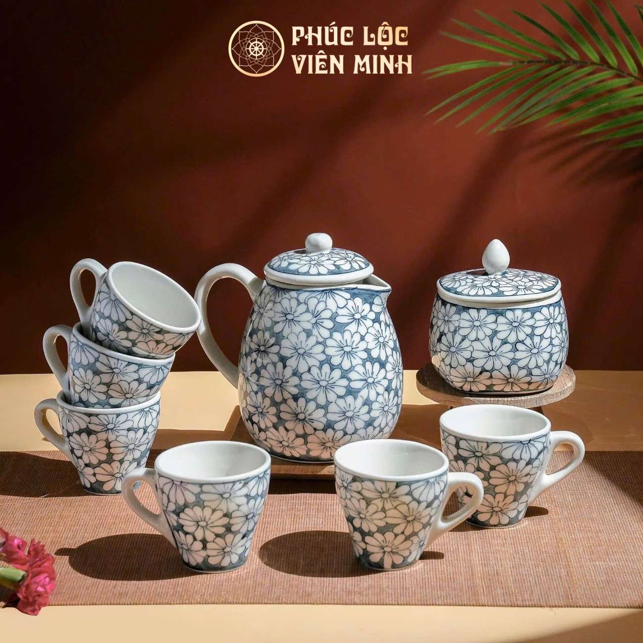 Bộ Ấm Chén Họa Tiết Cúc Họa Mi Xanh Gốm Sứ Bát Tràng - Phúc Lộc Viên Minh - PL022