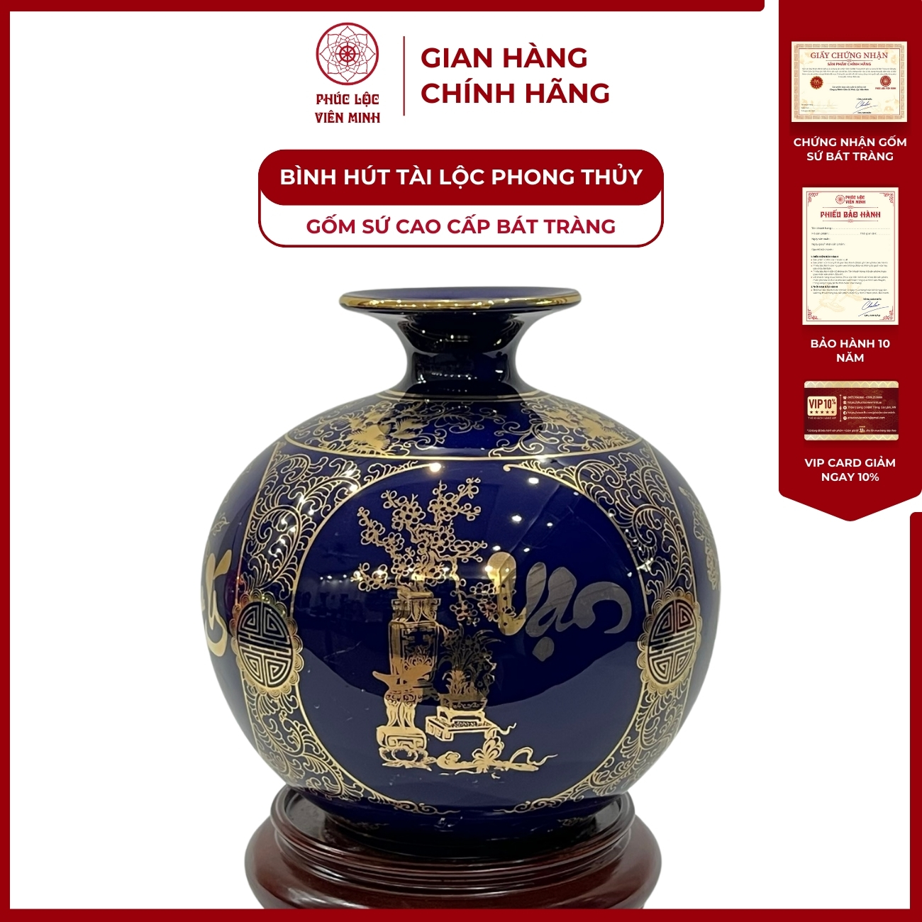 Bình Hút Lộc Tứ Cảnh Vạn Sự Như Ý Cổ Hoa Decal Vàng Kim Gốm Sứ Bát Tràng - Phúc Lộc Viên Minh