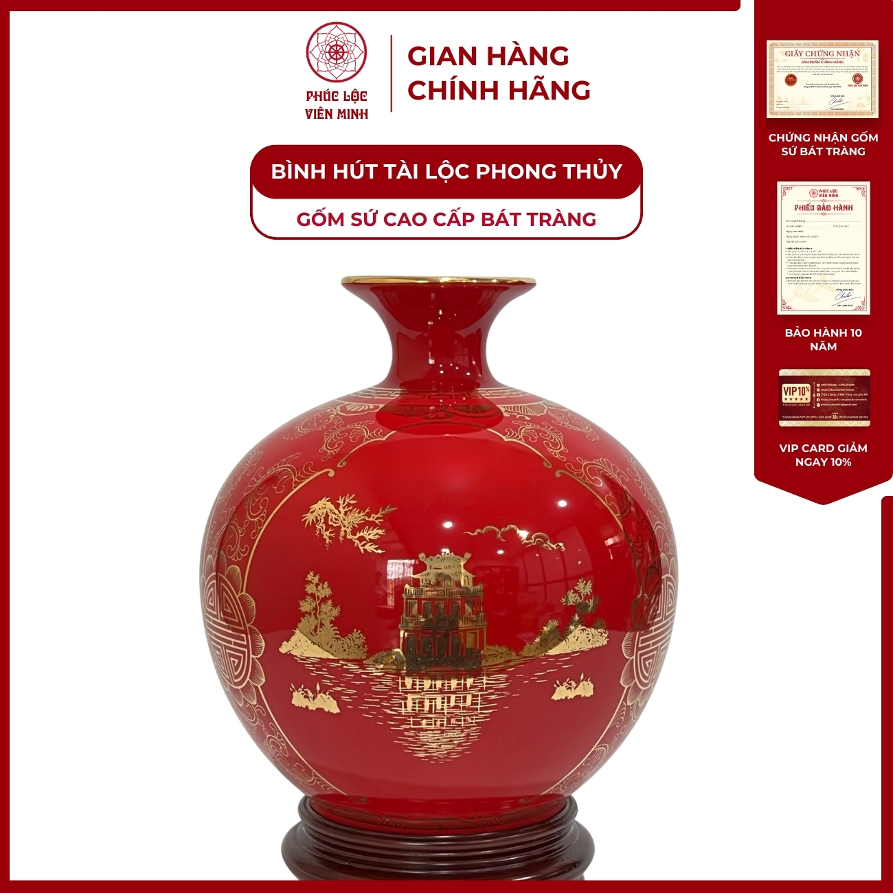 Bình Hút Lộc Tam Cảnh Hà Nội Dán Decal Vàng Kim Gốm Sứ Bát Tràng - Phúc Lộc Viên Minh