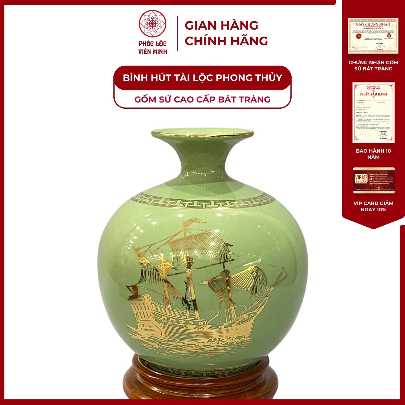 Bình Hút Lộc Thuận Buồm Xuôi Gió Dán Decal Vàng Kim Gốm Sứ Bát Tràng - Phúc Lộc Viên Minh