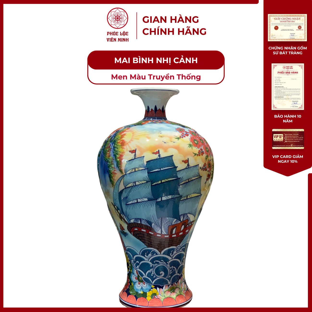 Mai Bình Bát Tràng Men Màu Vẽ Thủ Công - Phúc Lộc Viên Minh - PLMB0011