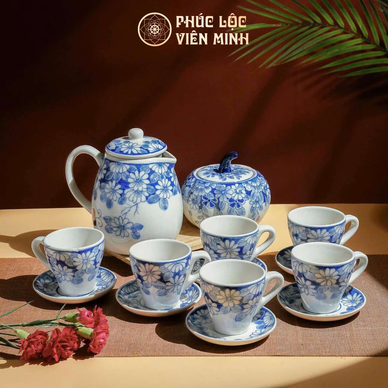 Bộ Hũ Họa Tiết Cúc Xanh Gốm Sứ Bát Tràng - Phúc Lộc Viên Minh - PL013