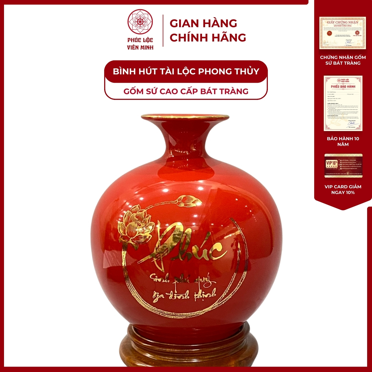 Bình Hút Lộc Song Ngư Vọng Nguyệt Dán Decal Vàng Kim Gốm Sứ Bát Tràng - Phúc Lộc Viên Minh