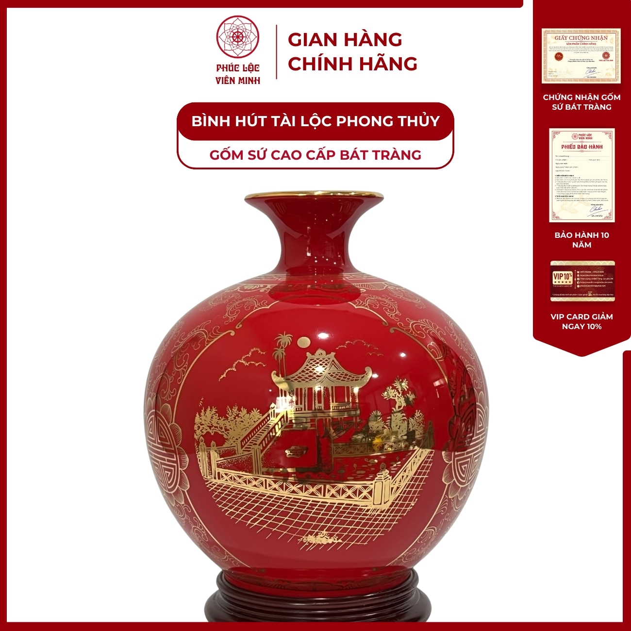 Bình Hút Lộc Tam Cảnh Hà Nội Dán Decal Vàng Kim Gốm Sứ Bát Tràng - Phúc Lộc Viên Minh