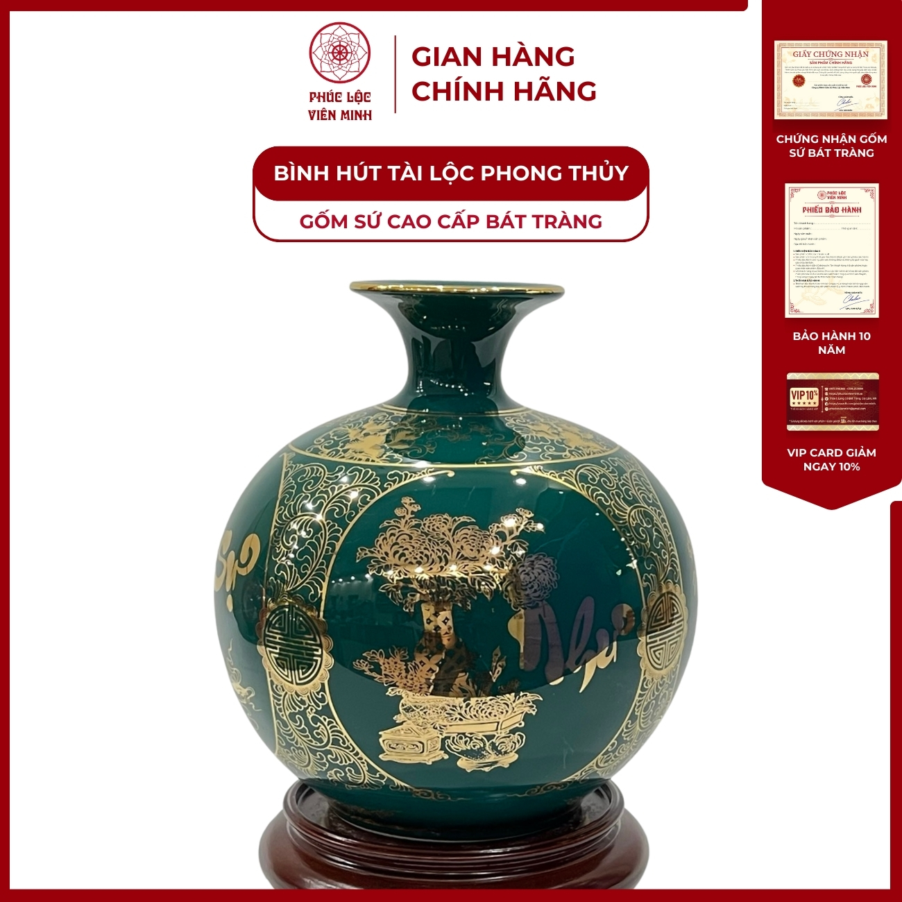 Bình Hút Lộc Tứ Cảnh Vạn Sự Như Ý Cổ Hoa Decal Vàng Kim Gốm Sứ Bát Tràng - Phúc Lộc Viên Minh