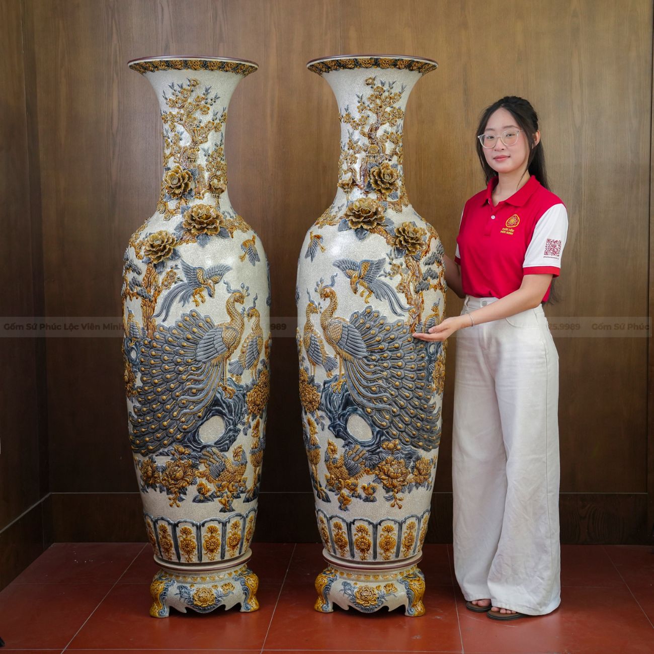 Đôi Lộc Bình Men Rạn Công Đào Đắp Nổi Kênh Bong Gốm Sứ Bát Tràng - Phúc Lộc Viên Minh - PL1514