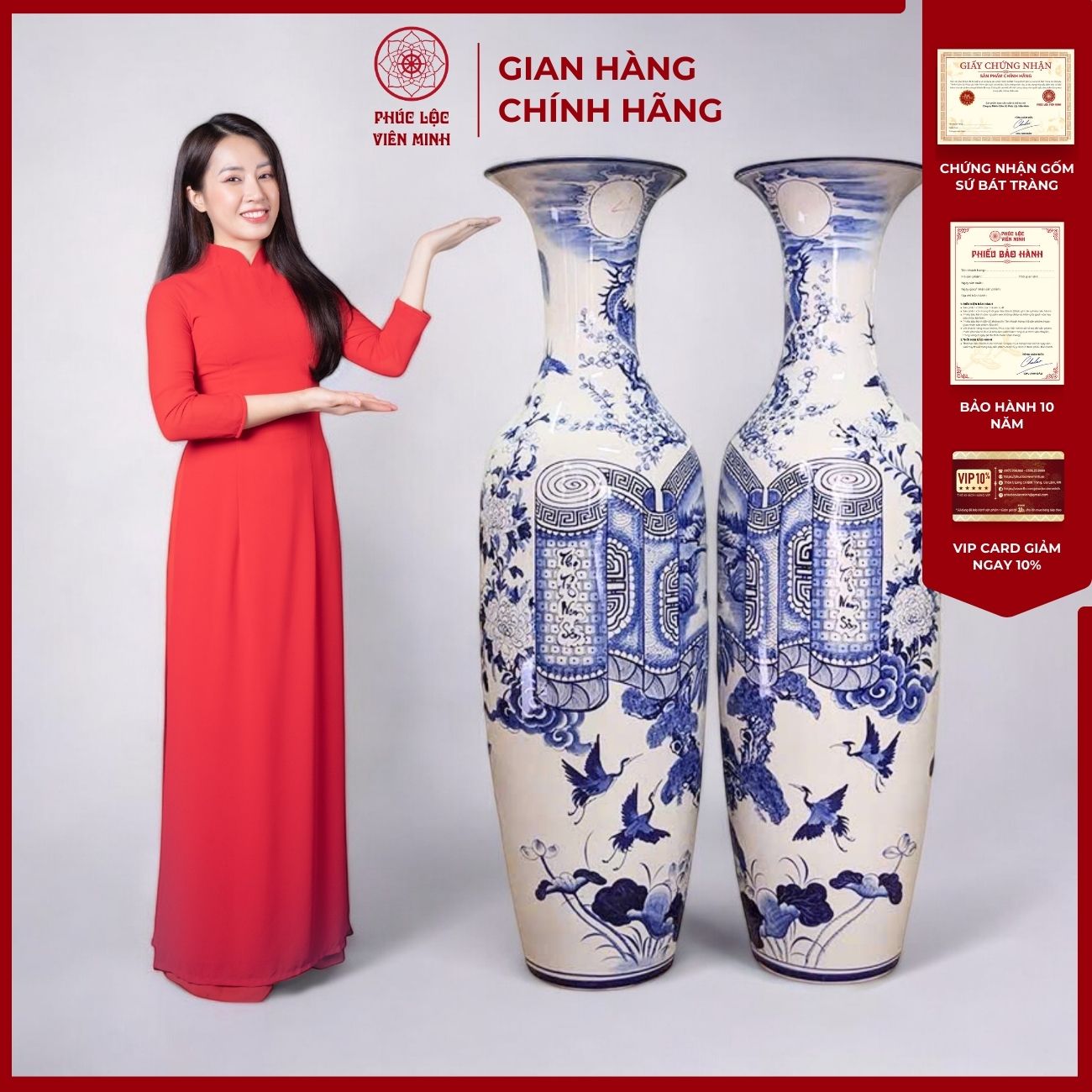 Đôi Lộc Bình Men Trắng Gốm Sứ Bát Tràng - Phúc Lộc Viên Minh - PL036