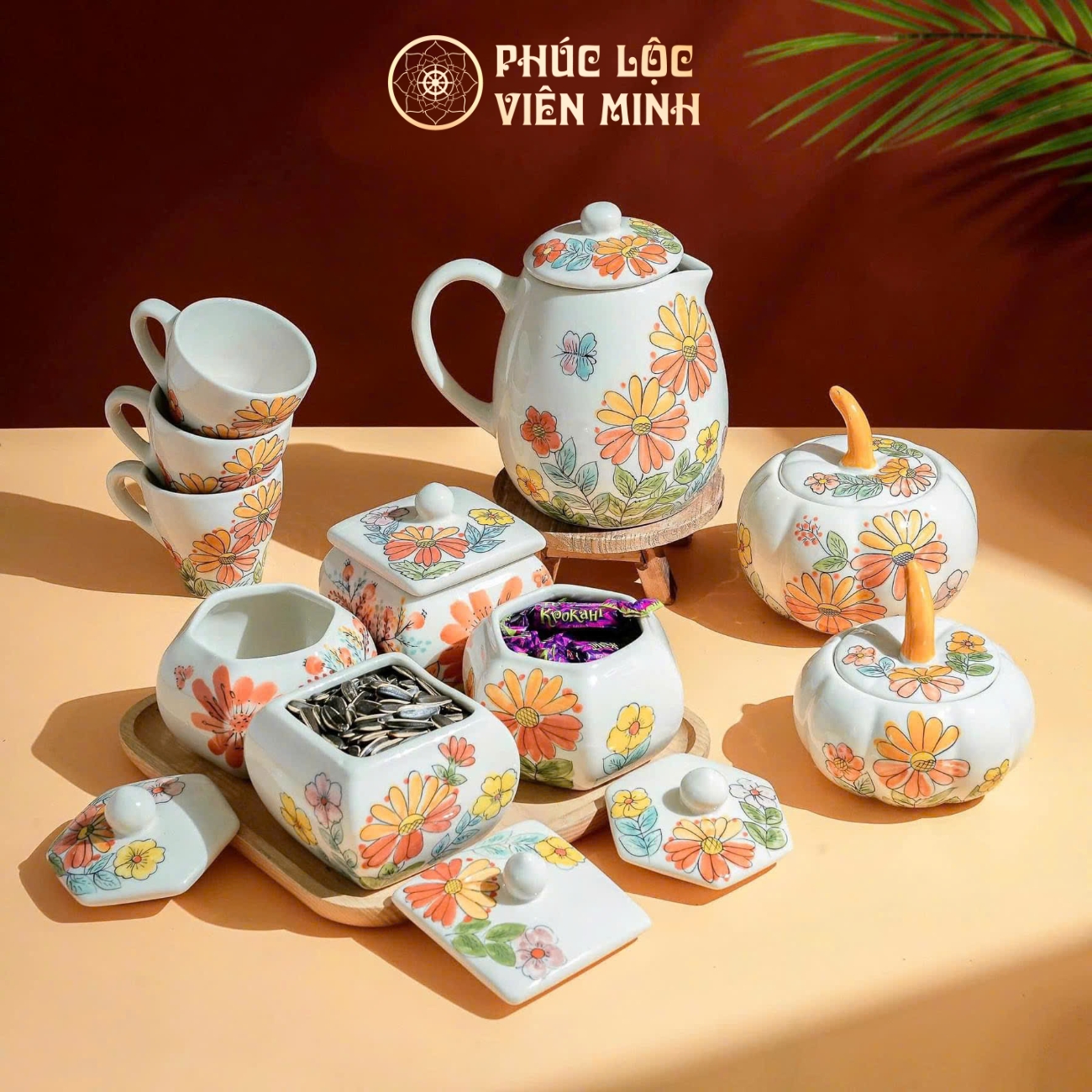 Bộ Hũ Mứt Họa Tiết Hoa Cúc Vàng Cam Gốm Sứ Bát Tràng - Phúc Lộc Viên Minh - PL011