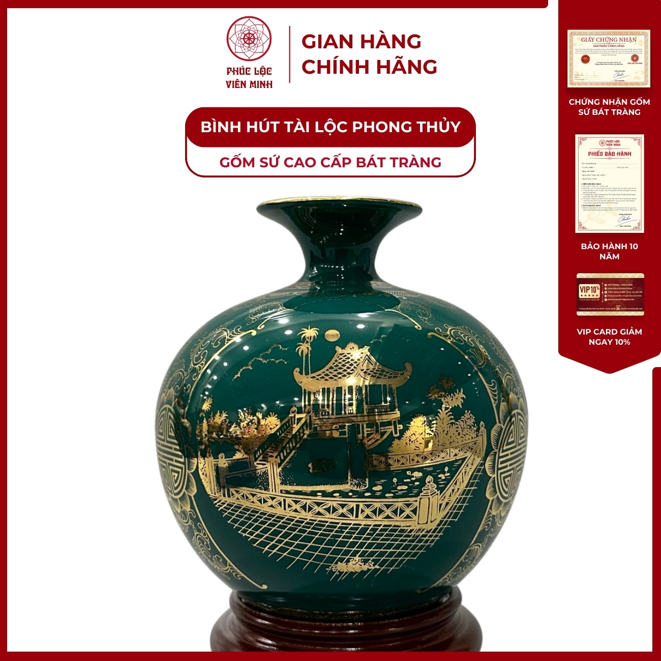 Bình Hút Lộc Tam Cảnh Hà Nội Dán Decal Vàng Kim Gốm Sứ Bát Tràng - Phúc Lộc Viên Minh