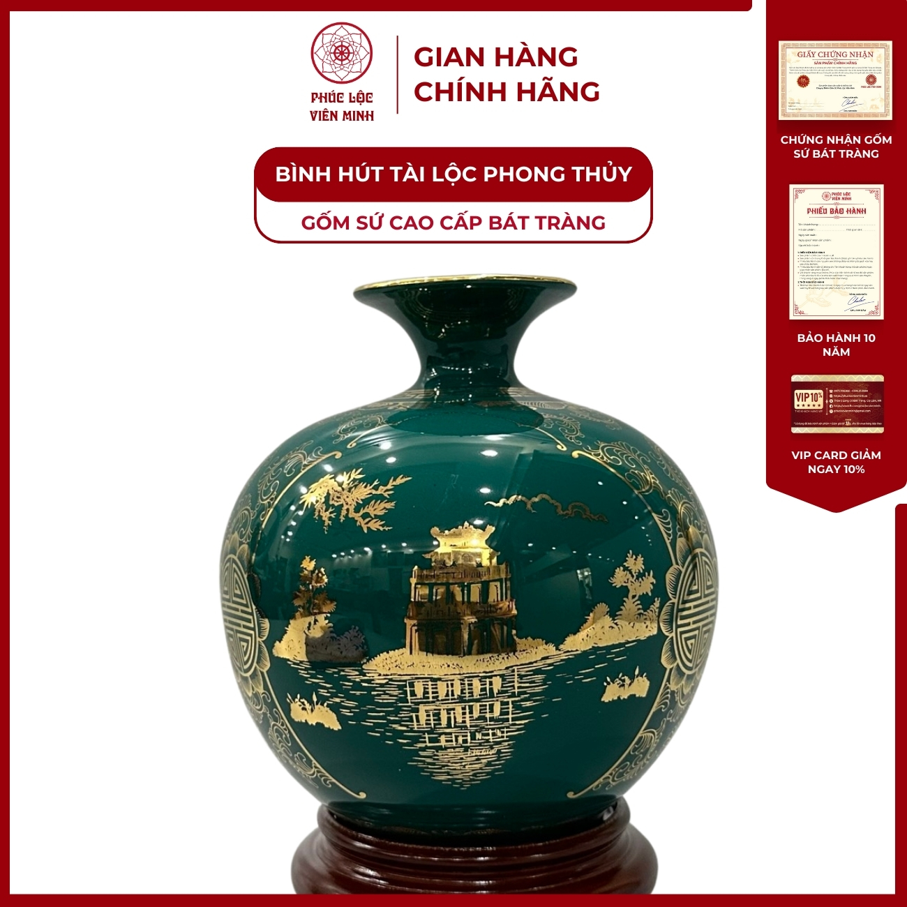 Bình Hút Lộc Tam Cảnh Hà Nội Dán Decal Vàng Kim Gốm Sứ Bát Tràng - Phúc Lộc Viên Minh