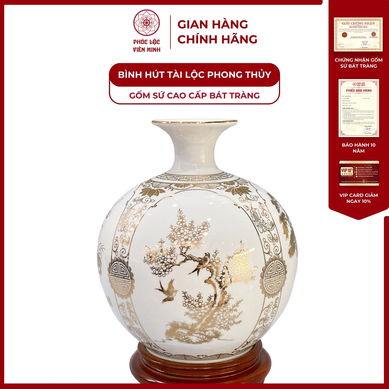 Bình Hút Lộc Tứ Cảnh Decal Vàng Kim Gốm Sứ Bát Tràng - Phúc Lộc Viên Minh