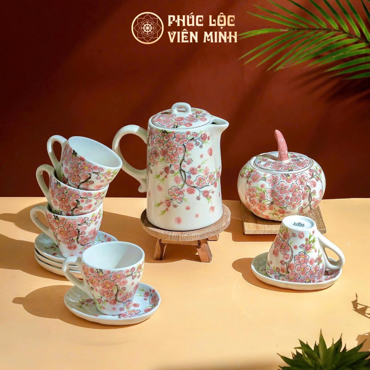 Bộ Ấm Chén Họa Tiết Đào Hồng Gốm Sứ Bát Tràng - Phúc Lộc Viên Minh - PL017