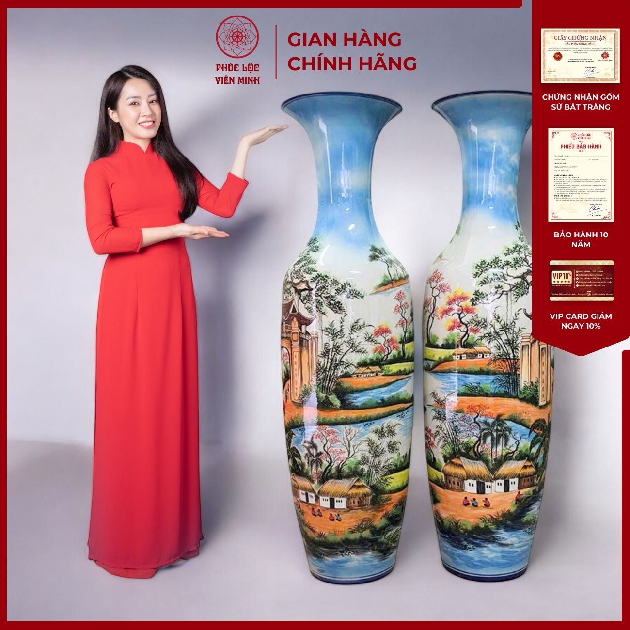 Đôi Lộc Bình Men Màu Cảnh Làng Quê Gốm Sứ Bát Tràng - Phúc Lộc Viên Minh - PL037