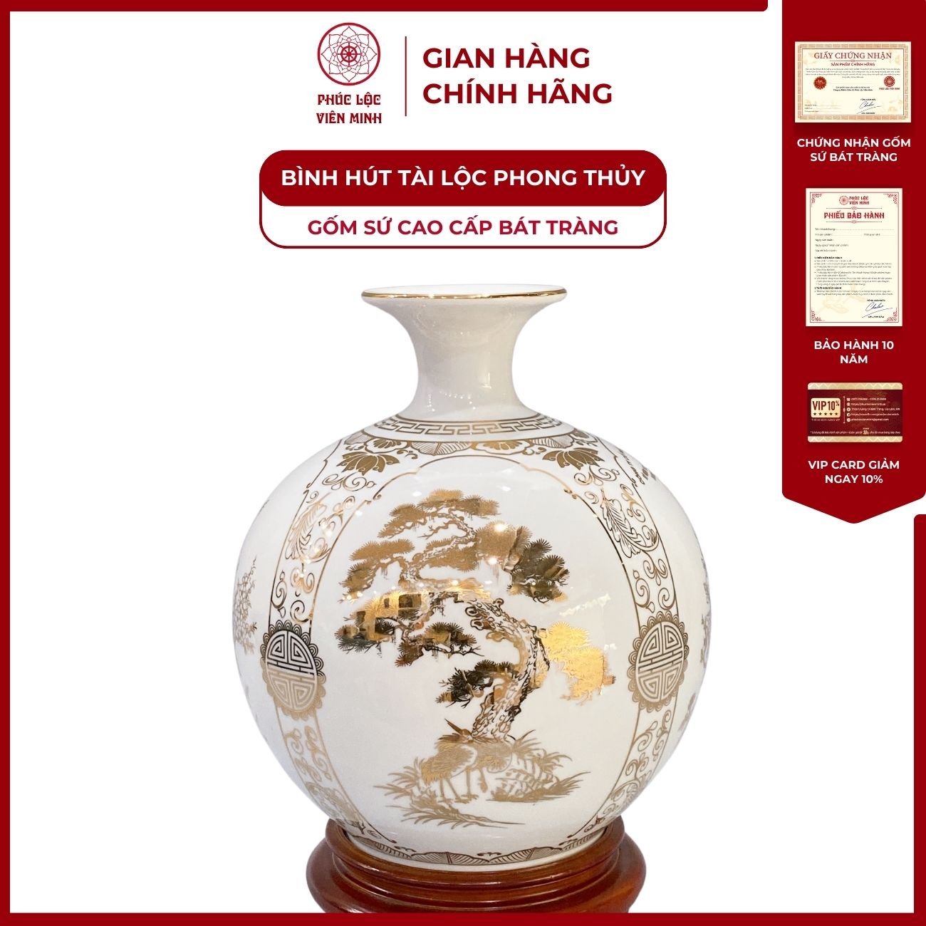 Bình Hút Lộc Tứ Cảnh Decal Vàng Kim Gốm Sứ Bát Tràng - Phúc Lộc Viên Minh