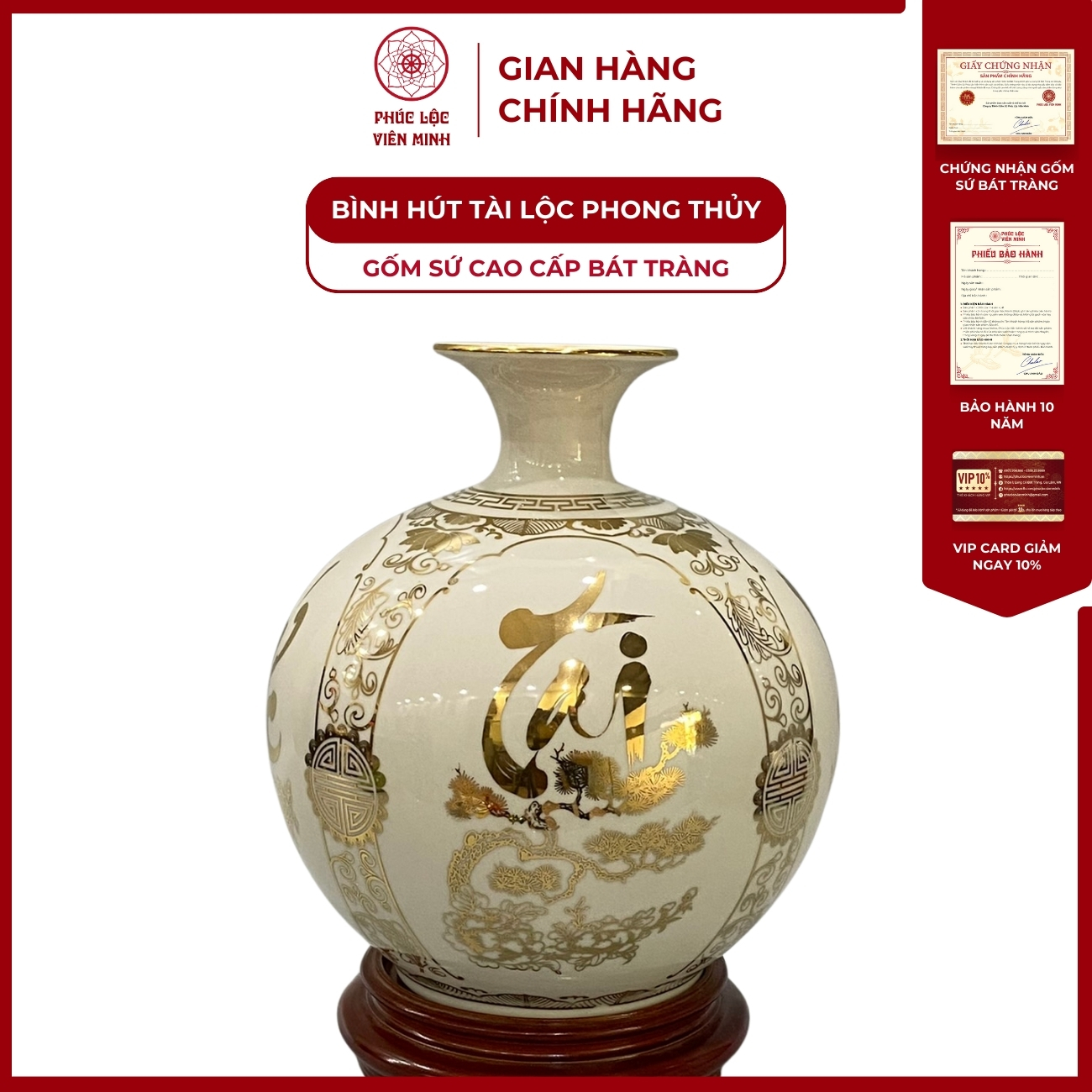 Bình Hút Lộc Tứ Cảnh Phúc Đức Tài Lộc Decal Vàng Kim Gốm Sứ Bát Tràng - Phúc Lộc Viên Minh