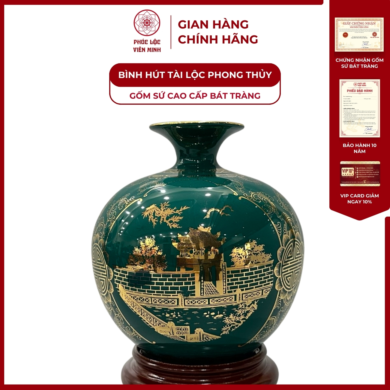 Bình Hút Lộc Tam Cảnh Hà Nội Dán Decal Vàng Kim Gốm Sứ Bát Tràng - Phúc Lộc Viên Minh