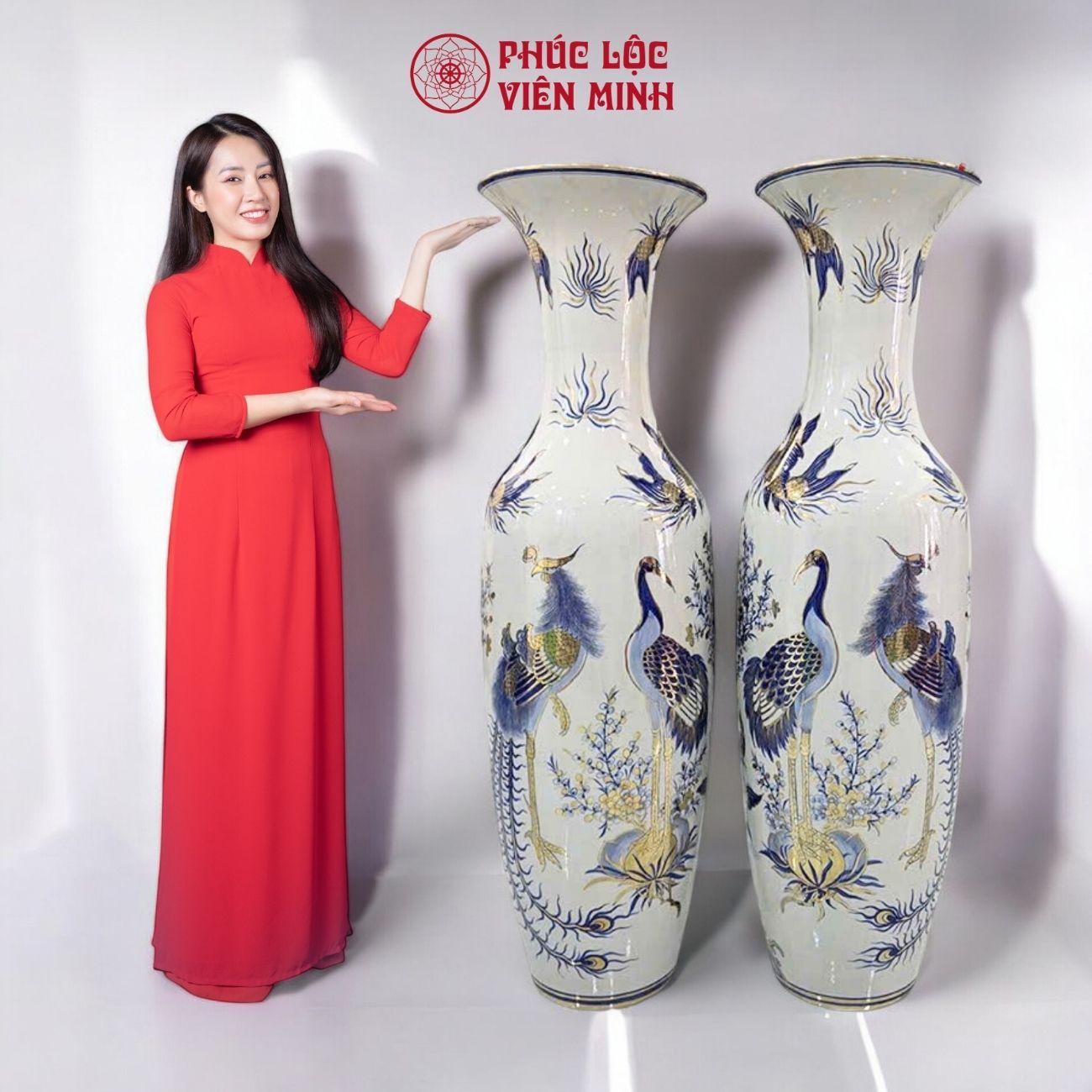 Đôi Lộc Bình Men Trắng Vẽ Vàng Gốm Sứ Bát Tràng - Phúc Lộc Viên Minh - PL039