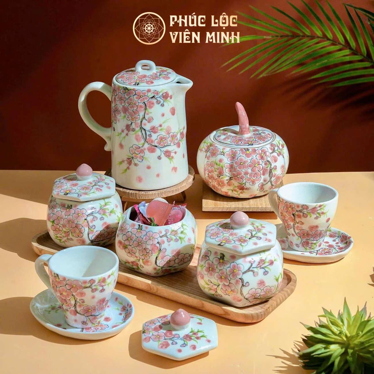 Bộ Hũ Mứt Họa Tiết Hồng Đào Gốm Sứ Bát Tràng - Phúc Lộc Viên Minh - PL002