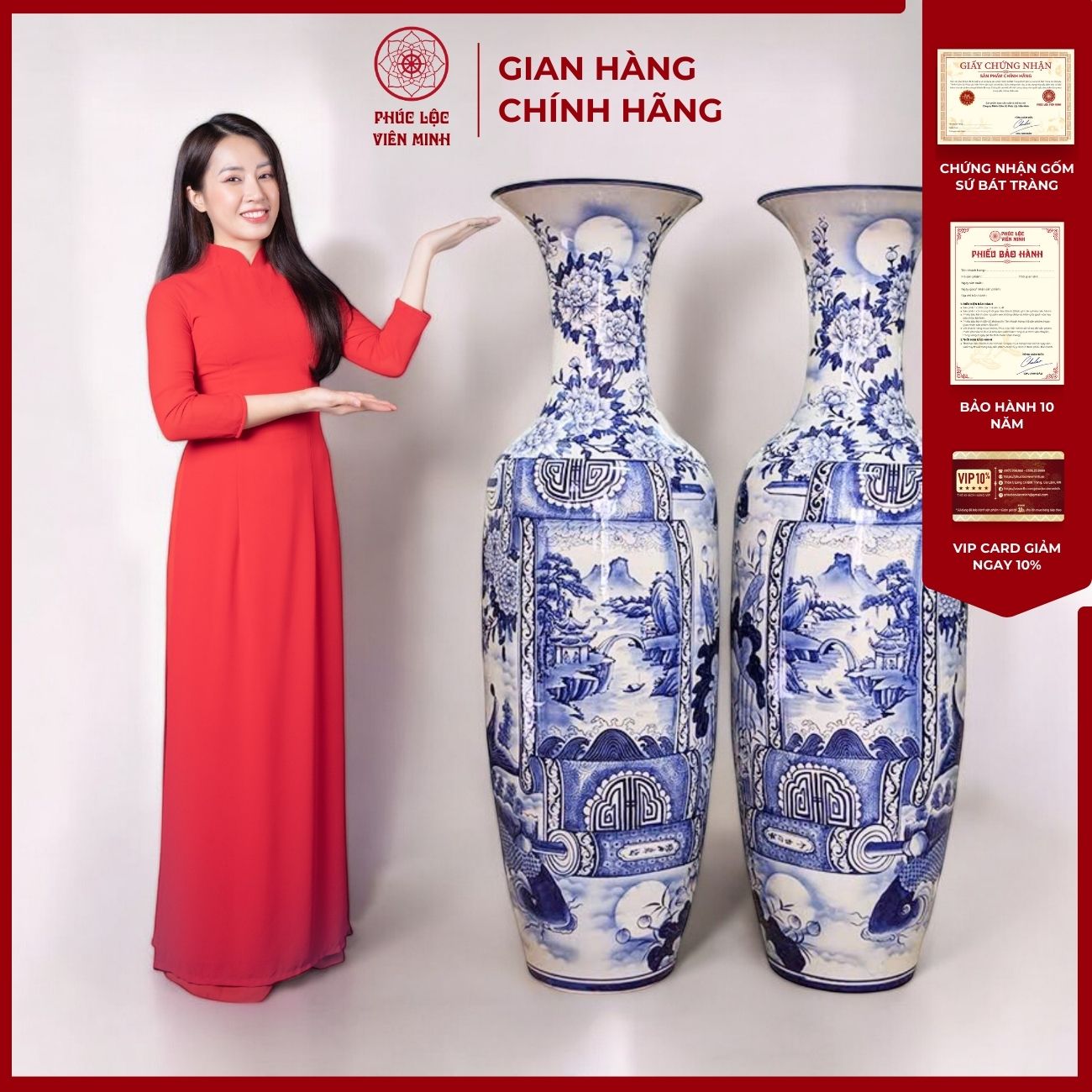 Đôi Lộc Bình Họa Tiết Đơn Cảnh Gốm Sứ Bát Tràng - Phúc Lộc Viên Minh - PL040