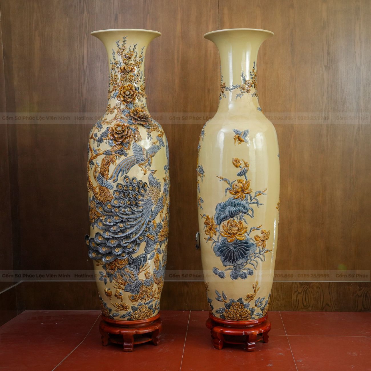 Đôi Lộc Bình Công Đào Đắp Nổi Kênh Bong Men Hoàng Thổ Gốm Sứ Bát Tràng - Phúc Lộc Viên Minh - PL1515