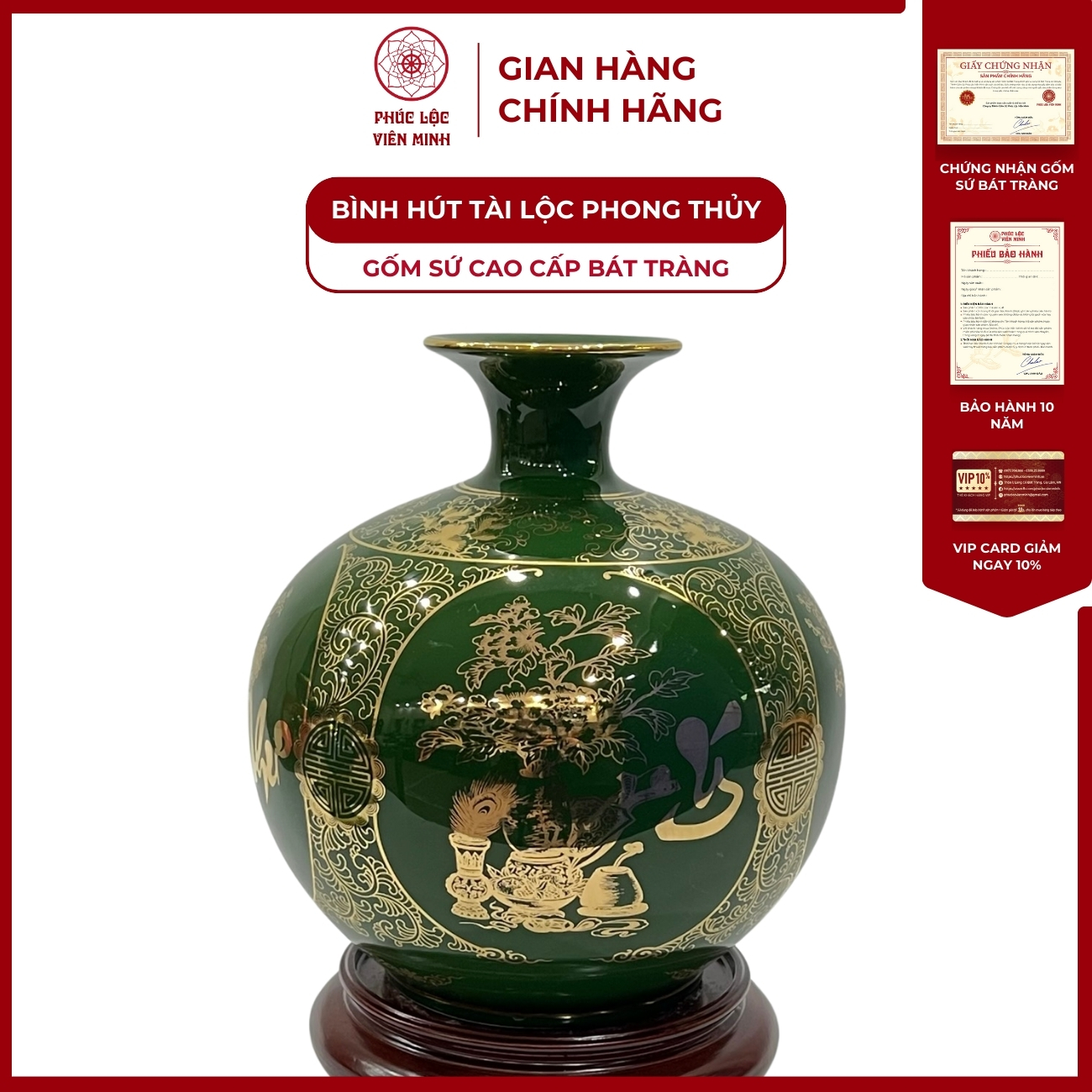 Bình Hút Lộc Tứ Cảnh Vạn Sự Như Ý Cổ Hoa Decal Vàng Kim Gốm Sứ Bát Tràng - Phúc Lộc Viên Minh