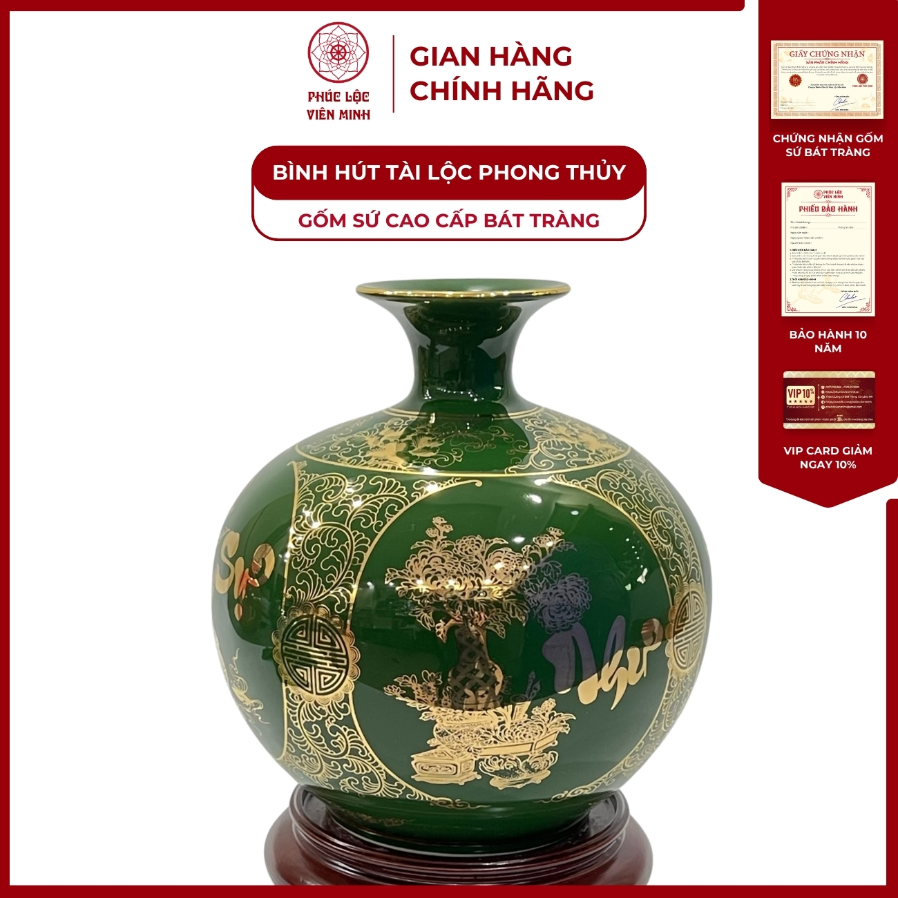 Bình Hút Lộc Tứ Cảnh Vạn Sự Như Ý Cổ Hoa Decal Vàng Kim Gốm Sứ Bát Tràng - Phúc Lộc Viên Minh