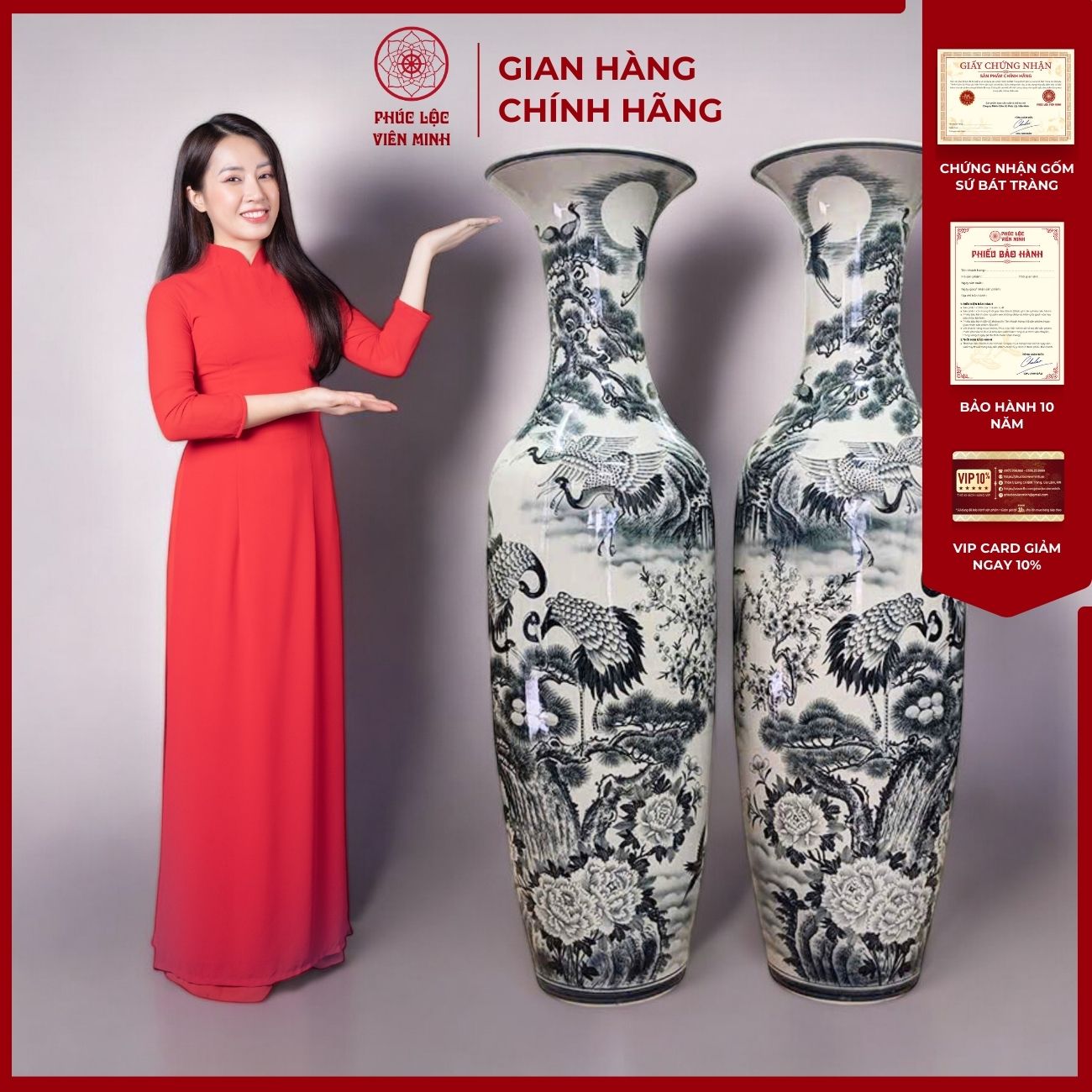Đôi Lộc Bình Họa Tiết Đơn Cảnh Gốm Sứ Bát Tràng - Phúc Lộc Viên Minh - PL041