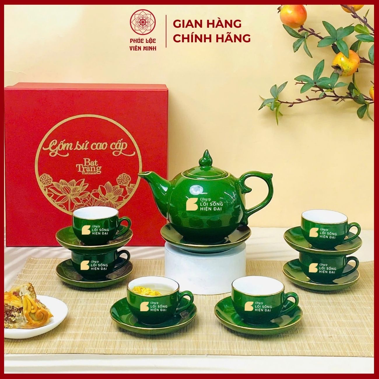 Bộ Ấm Chén In Logo Gốm Sứ Bát Tràng - Phúc Lộc Viên Minh - LD018