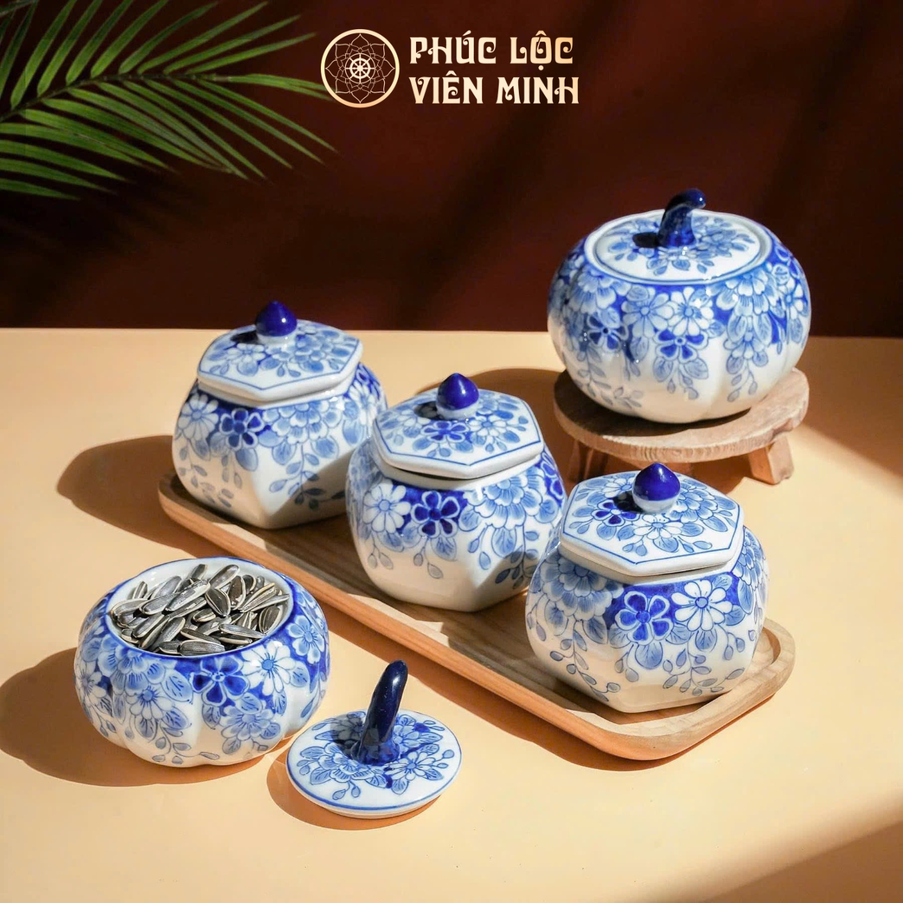 Bộ Hũ Mứt Họa Tiết Cúc Xanh Gốm Sứ Bát Tràng - Phúc Lộc Viên Minh - PL014