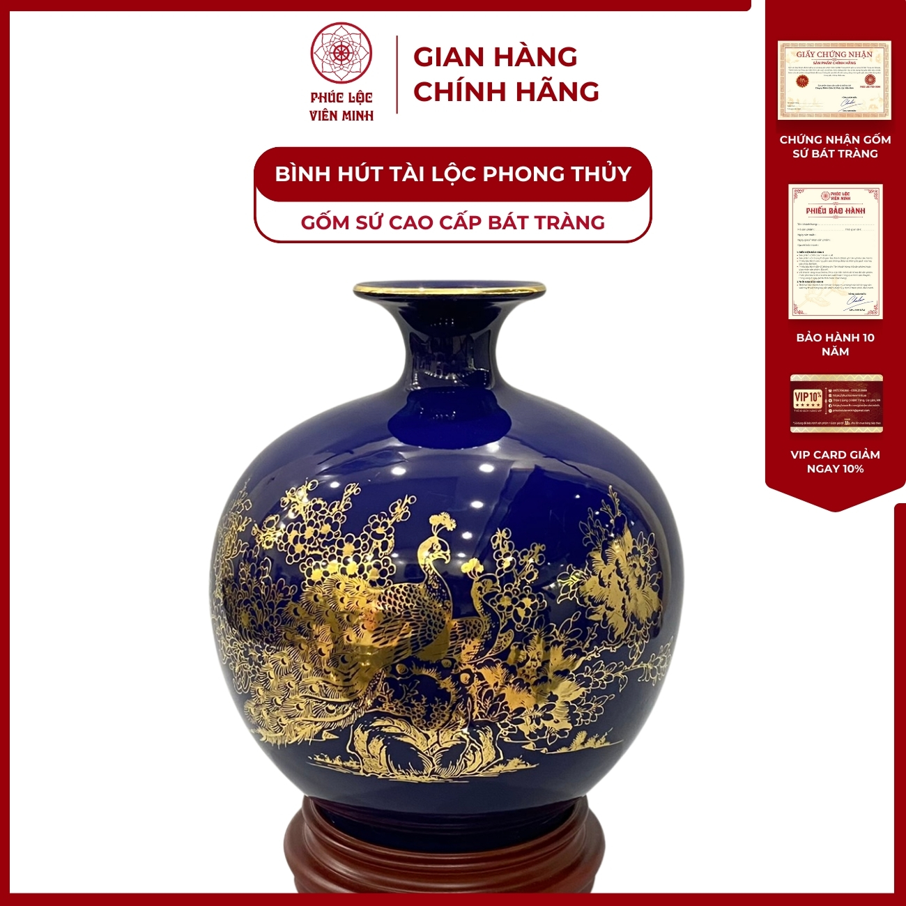 Bình Hút Lộc Công Thành Danh Toại Dán Decal Vàng Kim Gốm Sứ Bát Tràng - Phúc Lộc Viên Minh