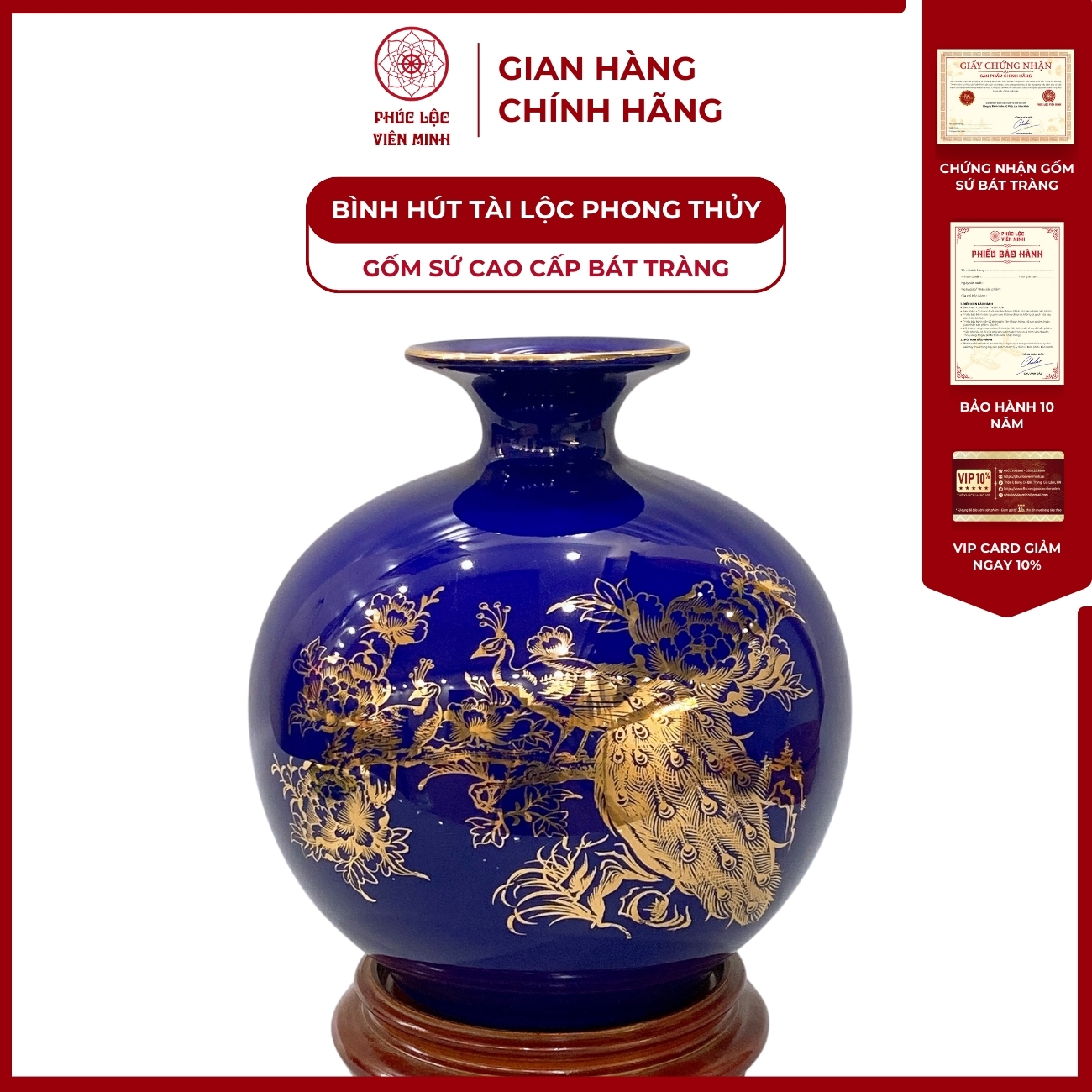 Bình Hút Lộc Phúc Lộc Khang Ninh Vẽ Vàng Kim Gốm Sứ Bát Tràng - Phúc Lộc Viên Minh