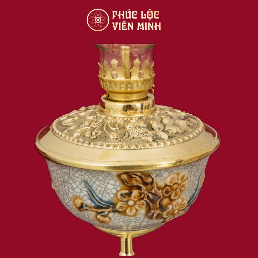 Đèn Thờ Bát Đào Thọ Cát Tường Chân Đồng Thếp Vàng Men Rạn Vẽ Vàng Gốm Sứ Bát Tràng - Phúc Lộc Viên Minh