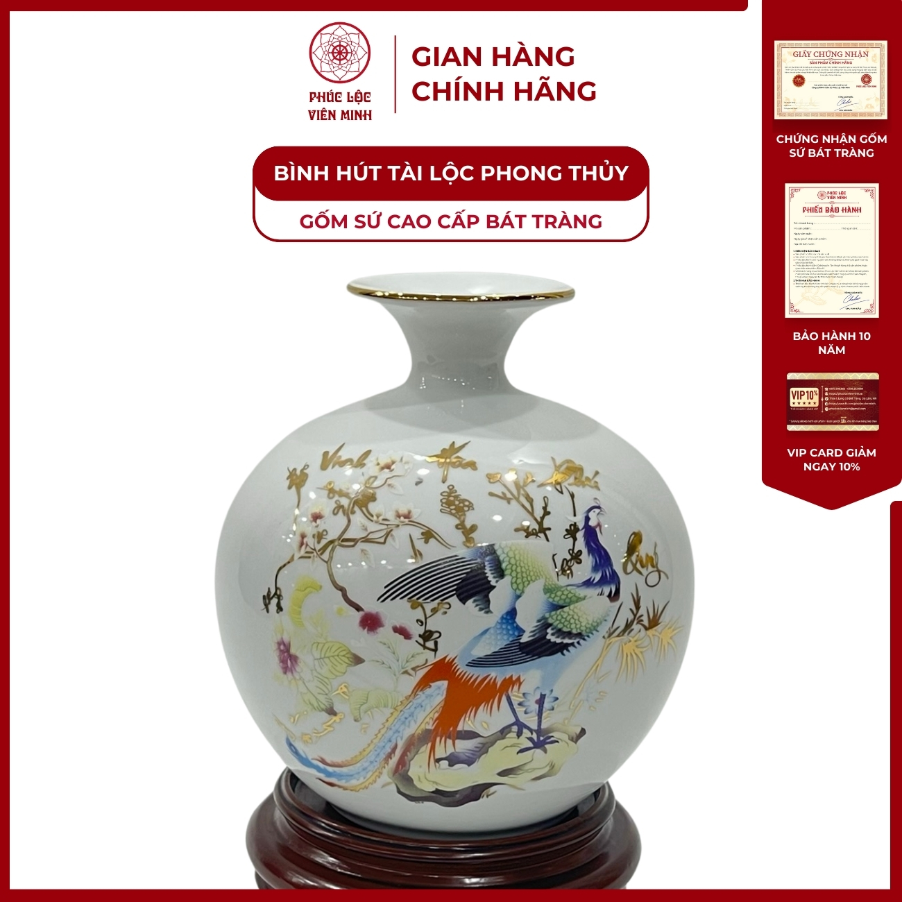 Bình Hút Lộc Chữ Tài Lộc Dán Decal Vàng Kim Gốm Sứ Bát Tràng - Phúc Lộc Viên Minh - PLVM161